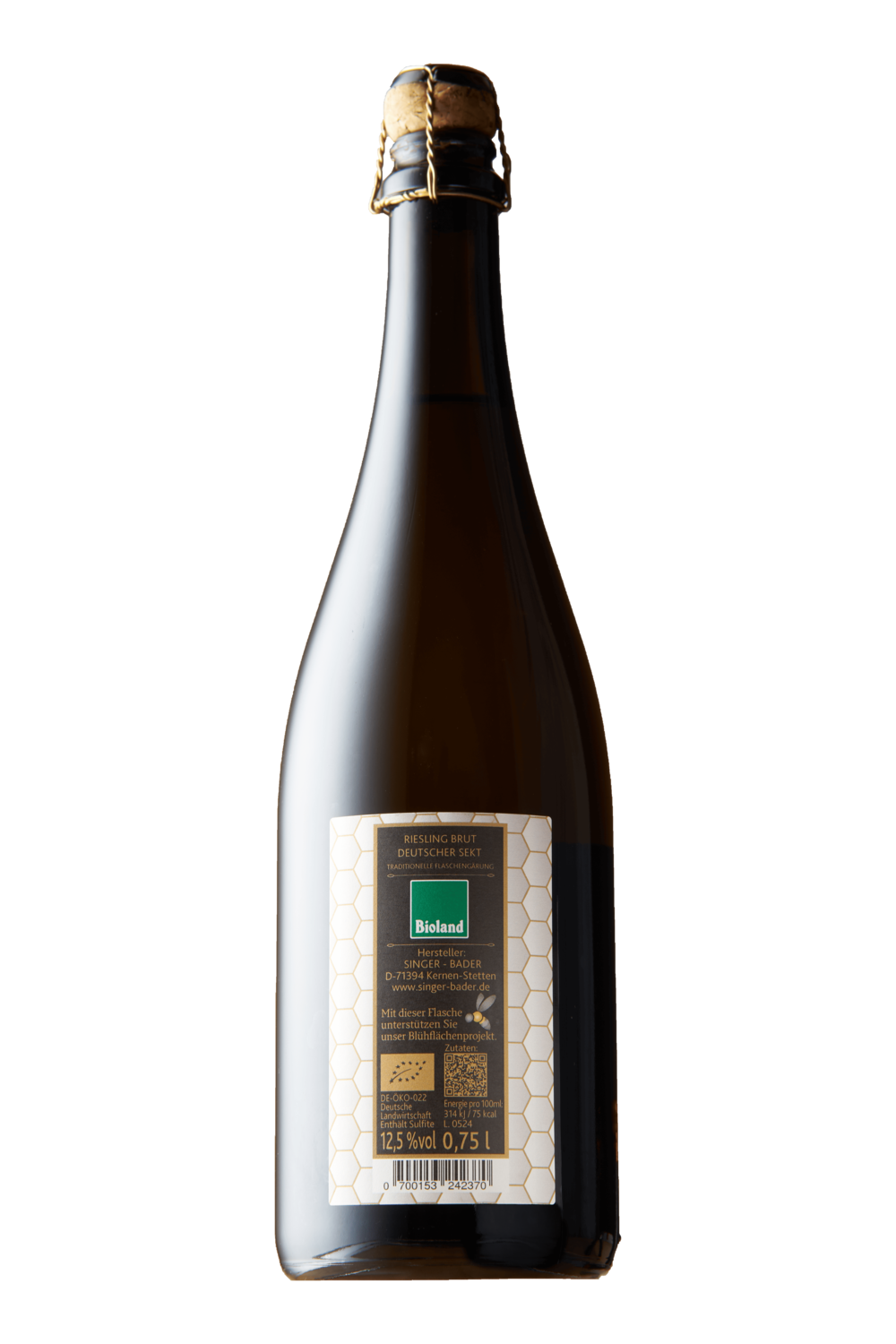 Die Rückseite einer Flasche Singer-Bader IN-SEKT Riesling