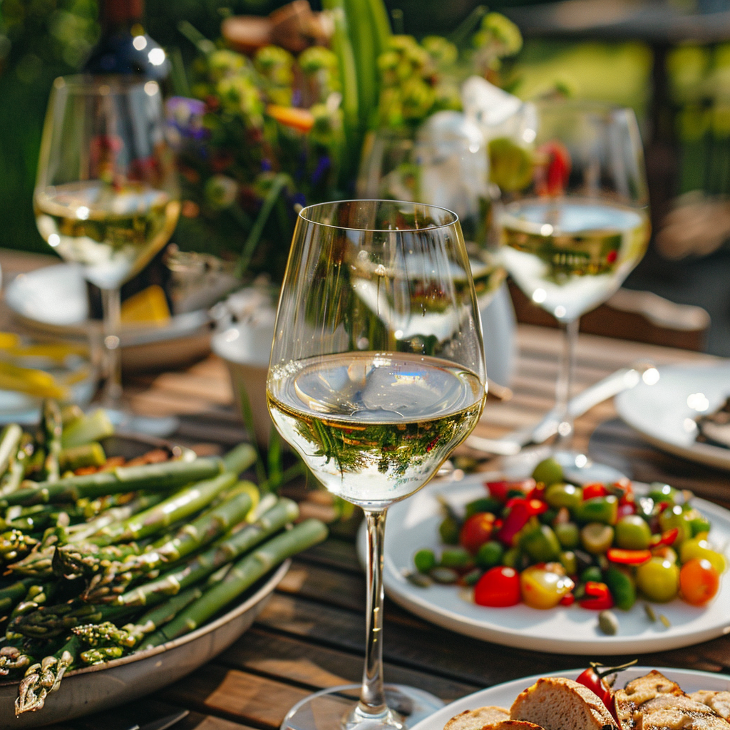 Weisswein mit Spargel auf einem Esstisch im Sommer